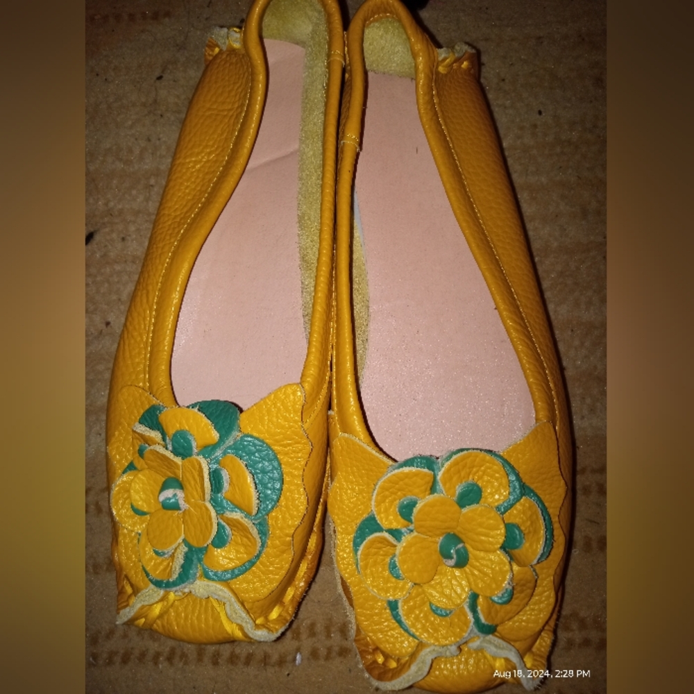 Mustard yellow women's leather slip on shoes